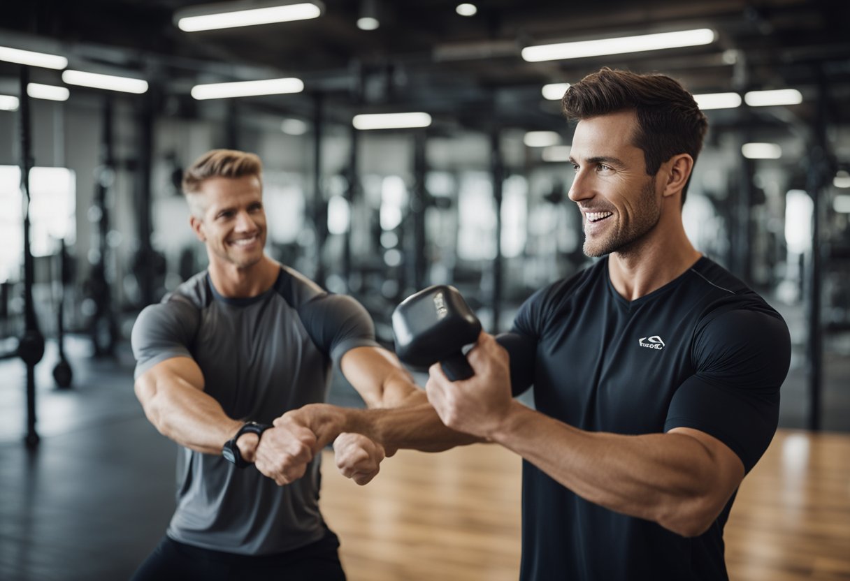 A professional trainer guiding a client through various exercises, demonstrating proper form and technique. The client is engaged and motivated, showing signs of improvement and progress