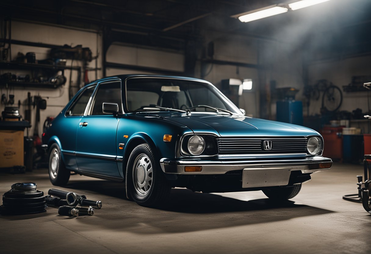 A Honda Civic sits in a well-lit garage. The hood is open, revealing the engine. A person's arm reaches in with a socket wrench to remove the old spark plugs