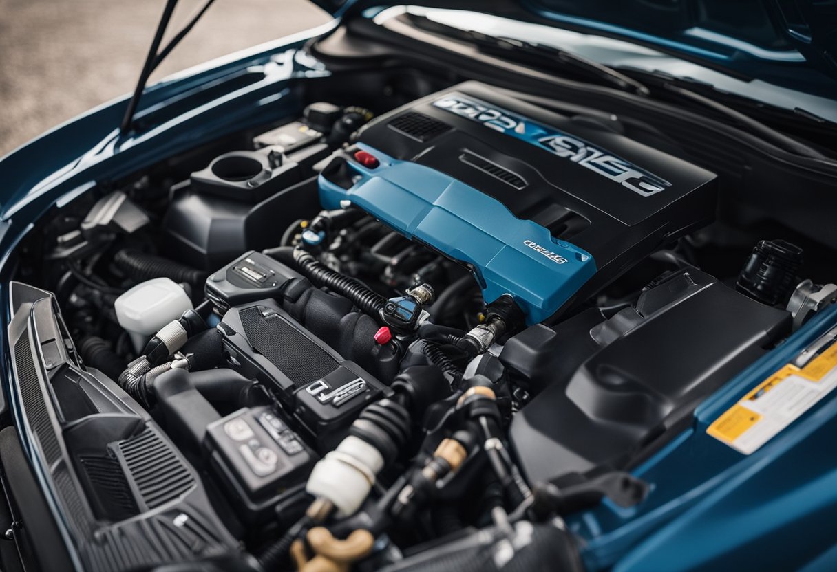 A Honda Civic sits on a level surface with its hood open. Tools and safety gear are laid out nearby. A person follows the manual, replacing the spark plugs with caution