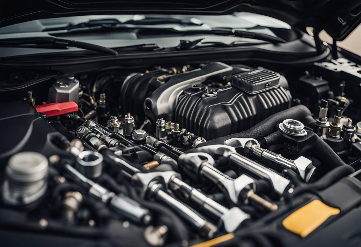 A Honda Civic engine with spark plugs being removed and replaced with tools nearby