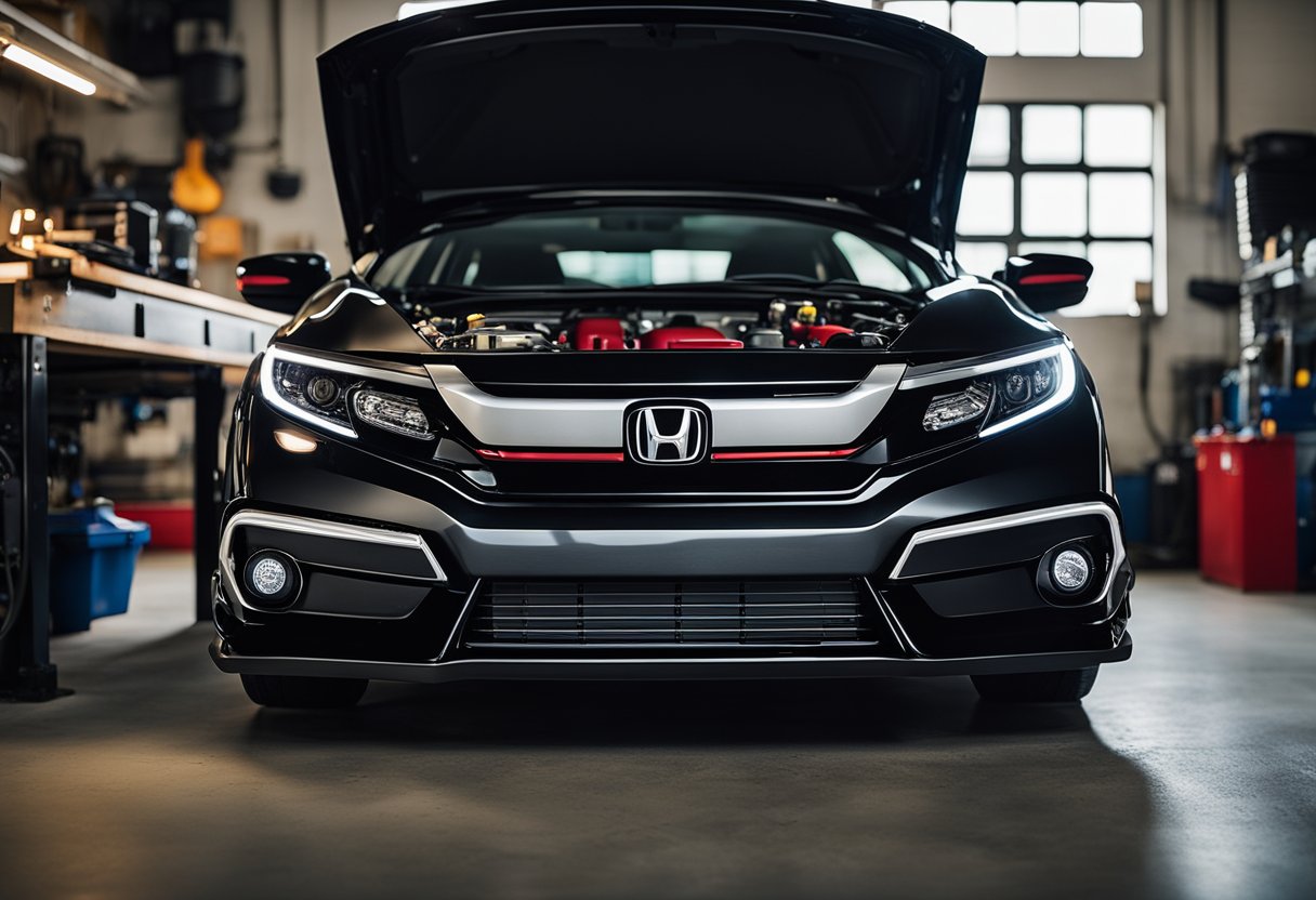 A Honda Civic sits in a well-lit garage. The hood is open, revealing the engine. Tools and a new set of spark plugs are laid out on a workbench nearby