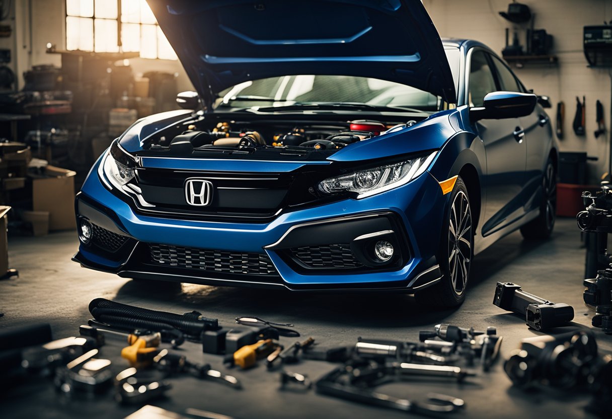 A Honda Civic sits in a well-lit garage. The hood is propped open, revealing the engine. Tools and new spark plugs are laid out neatly on a workbench nearby