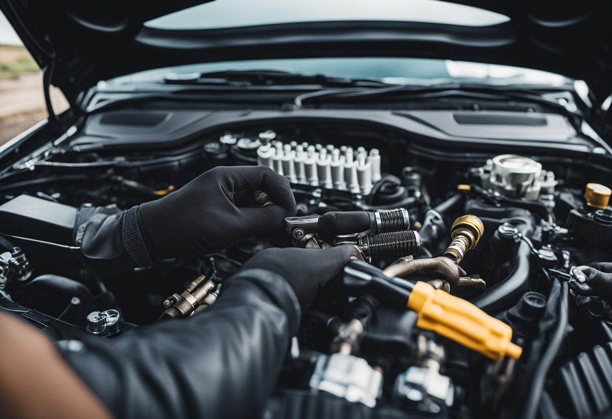 A hand reaching into the engine compartment of a Honda Civic, holding a spark plug wrench and removing the old spark plugs