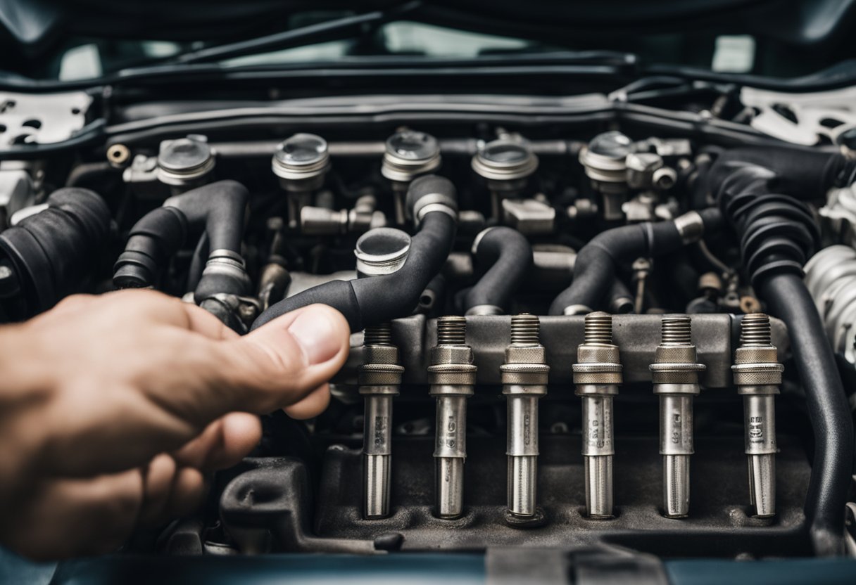 A hand reaches for the old spark plugs in a Honda Civic engine, preparing to remove them