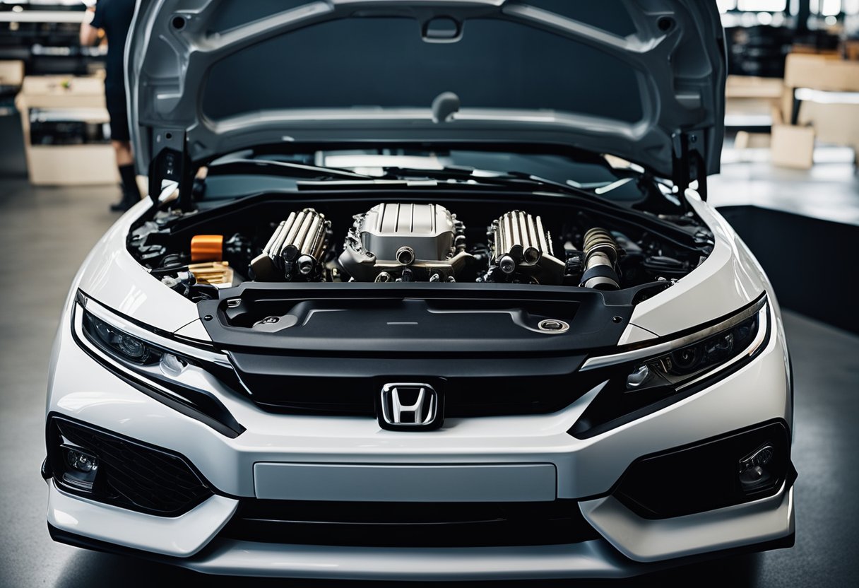 An open hood revealing a Honda Civic engine with spark plugs being inspected and replaced. Tools and a manual nearby