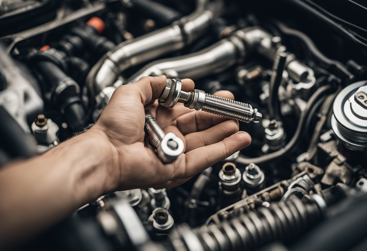 A hand holding a spark plug wrench removing old spark plugs from a Honda Civic engine. New spark plugs are lined up nearby for replacement