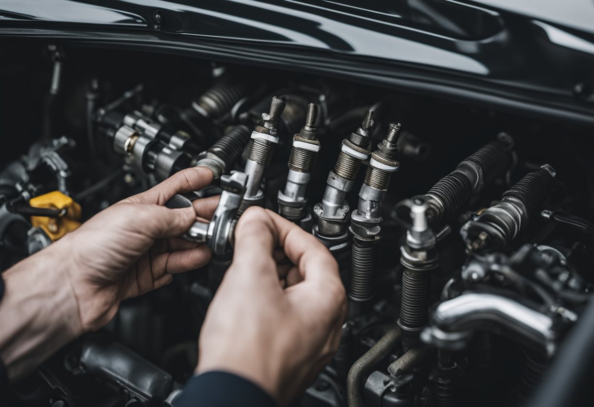 A hand holding a spark plug wrench removes old spark plugs from a Honda Civic engine. New spark plugs are ready to be installed