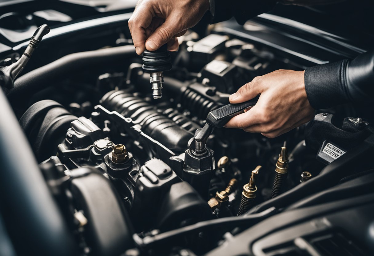 A hand holding a wrench removes a spark plug from a Honda Civic's engine. The old plug is replaced with a new one, and the wrench tightens it into place