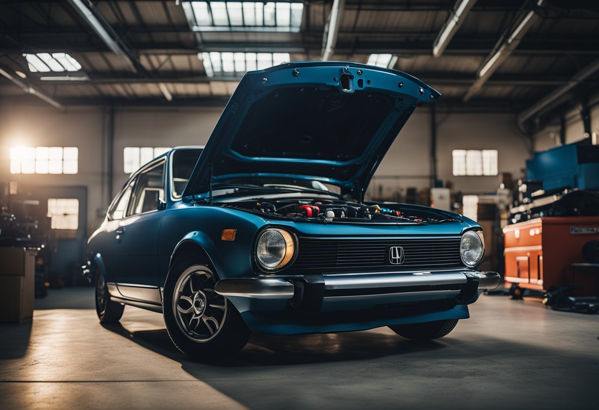 A Honda Civic sits in a well-lit garage. The hood is raised, revealing the engine. A set of tools and new spark plugs are laid out nearby