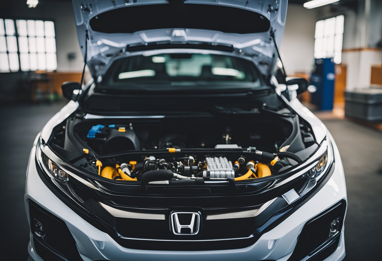 A Honda Civic with open hood, spark plug socket, and new spark plugs ready to be installed