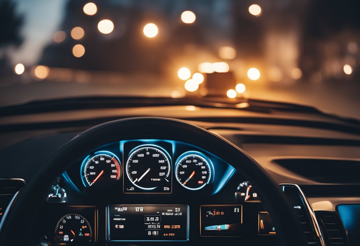 A car dashboard with illuminated warning lights, smoke rising from the engine, and a stalled vehicle on the side of the road