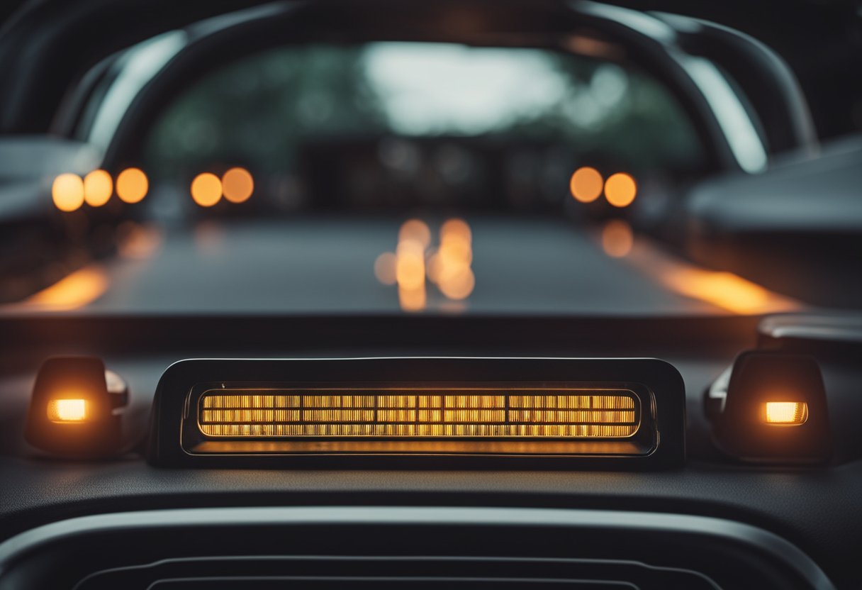 The car's dashboard displays warning lights for battery and engine, while the headlights dim and the engine struggles to start