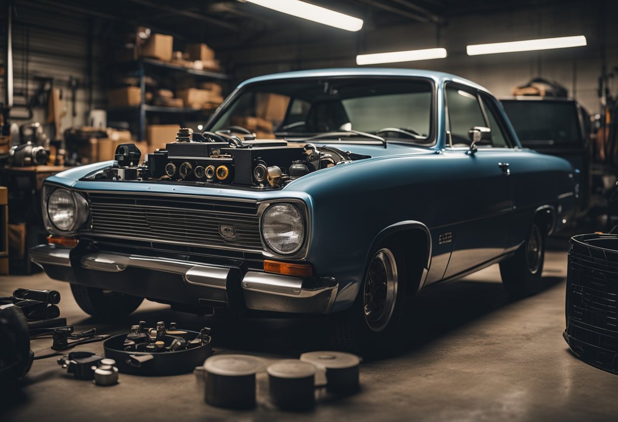 A car with a malfunctioning alternator sits in a dimly lit garage, surrounded by tools and diagnostic equipment