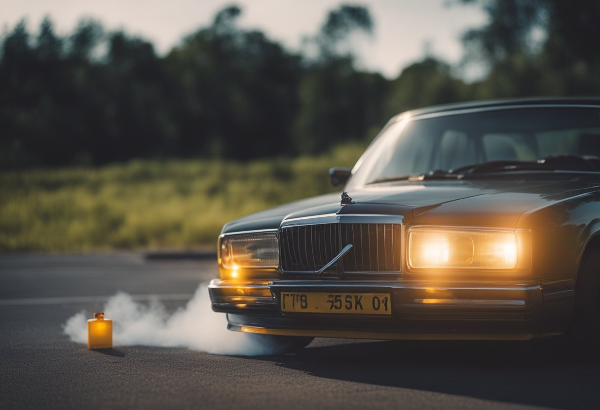 A car with a warning light on the dashboard, smoke coming from under the hood, and a dead battery on the ground