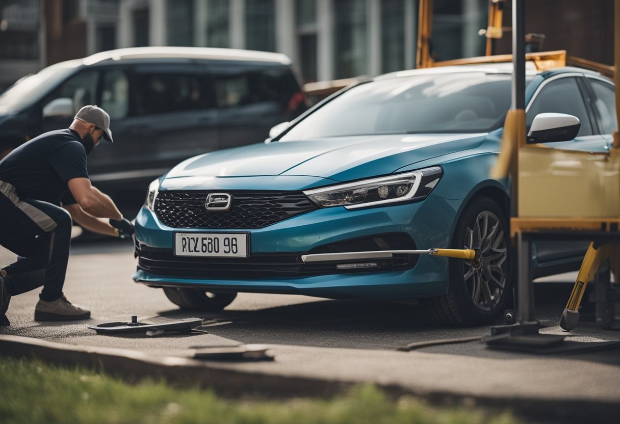 A car with minor dents and dings being repaired using a dent removal tool and a hammer. Sanding and repainting the affected area