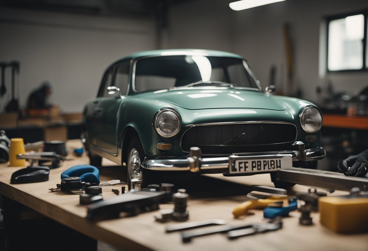 A car with minor dents and dings, tools and materials for repair laid out on a workbench, a person assessing the damage and planning the repair process