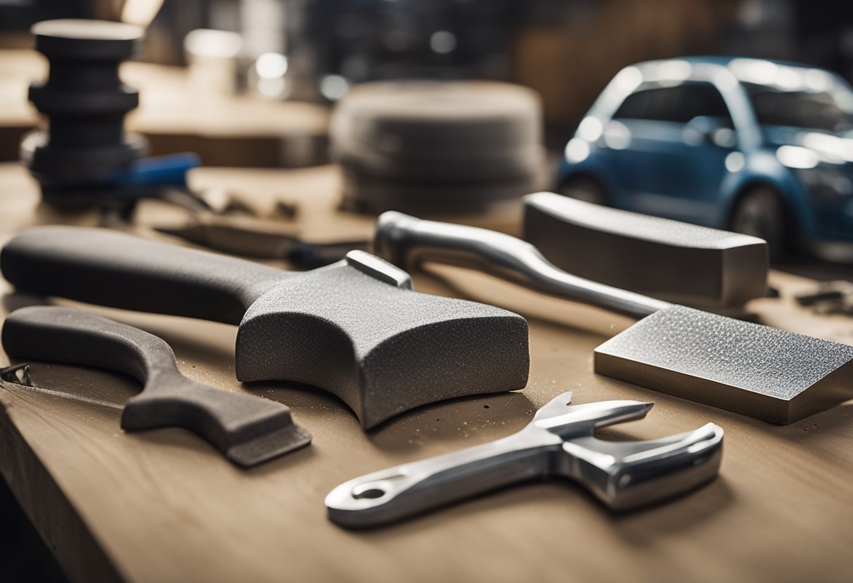 Tools laid out on a workbench: hammer, body filler, sandpaper, and putty knife. A car with minor dents and dings in the background