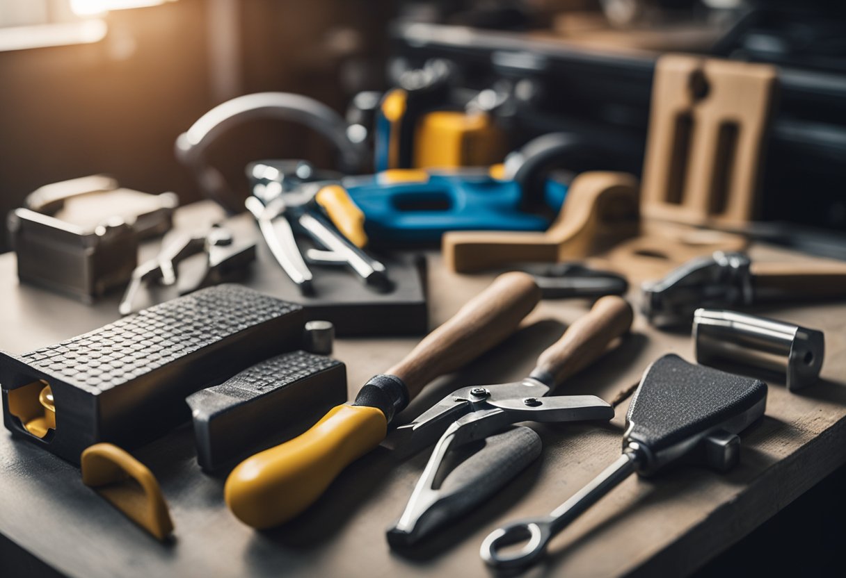 Tools laid out on a workbench: dent puller, hammer, body filler, sandpaper. Car with small dents parked in a well-lit garage