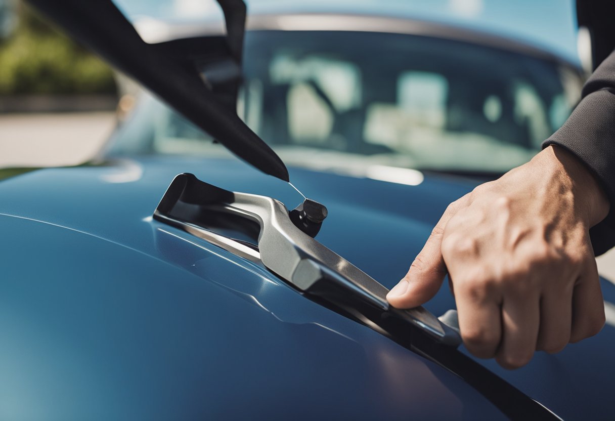 A hand holding a dent repair tool presses against a car panel, smoothing out a minor dent. The tool's handle is visible, and the panel reflects the surrounding environment