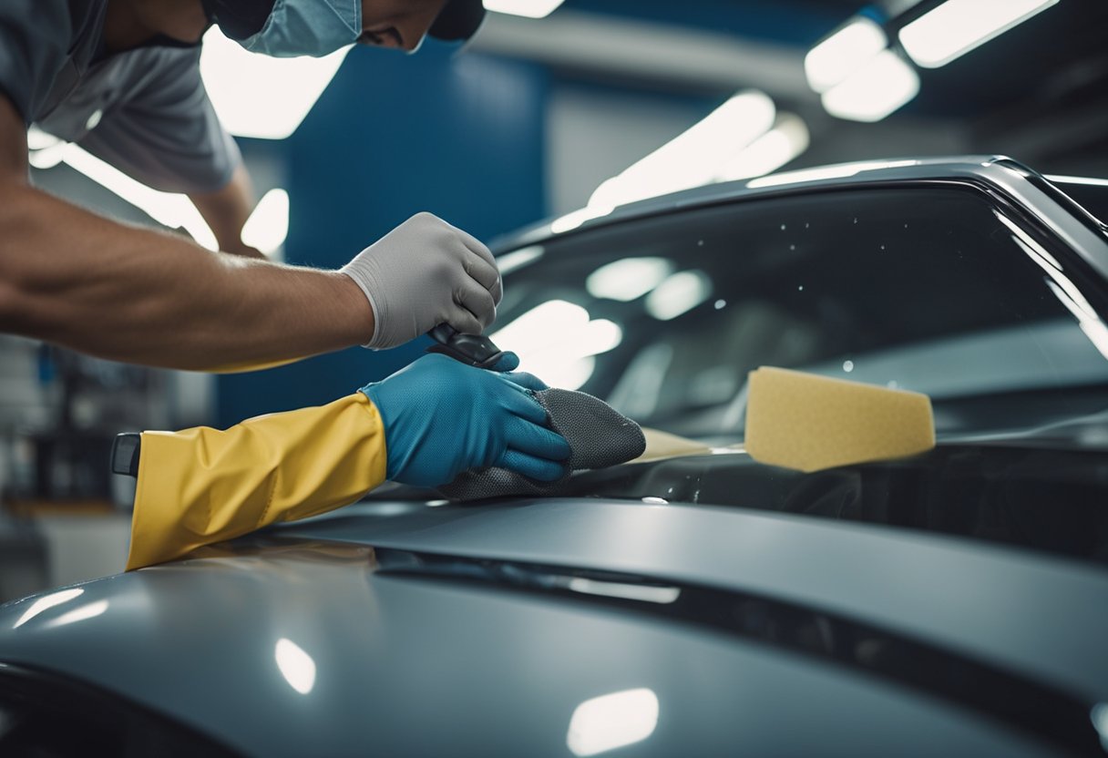 An auto body technician applies filler and sandpaper to smooth out minor dents and dings on a car's surface