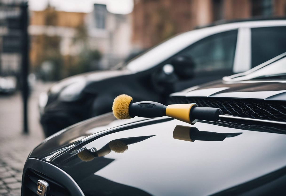 A car with minor dents and dings being repaired using a dent removal kit and a rubber mallet