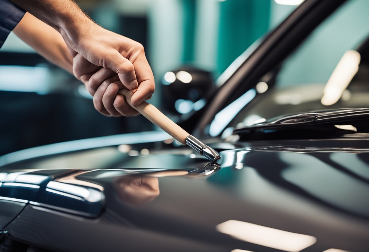 A car with minor dents and dings being repaired using a dent repair kit and a small rubber mallet