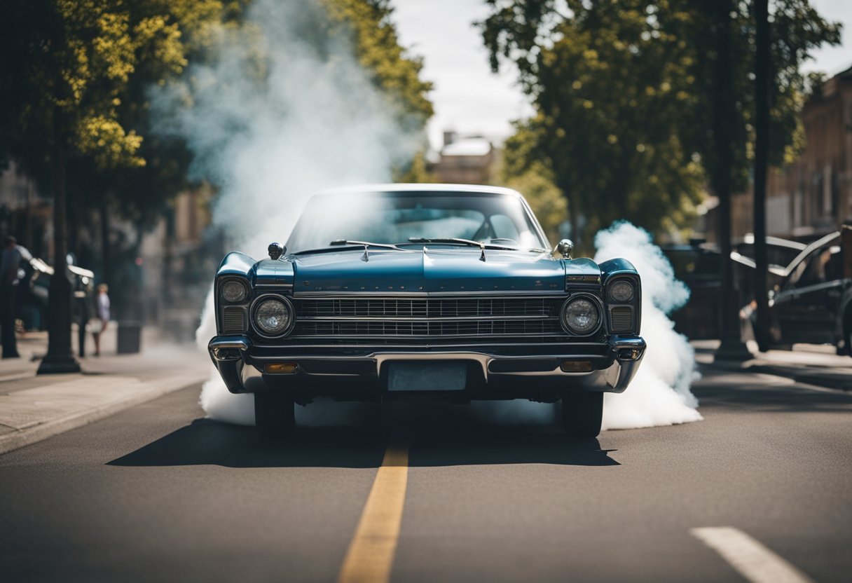 A car with smoke billowing from the exhaust, a strong sulfur smell, and a rattling noise from the undercarriage