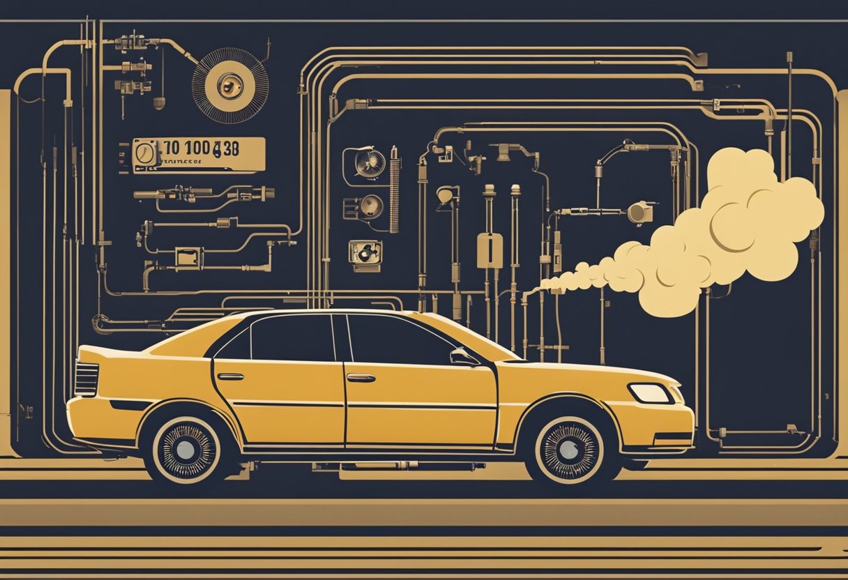 The car's check engine light illuminates as smoke billows from the exhaust, indicating a potential catalytic converter failure