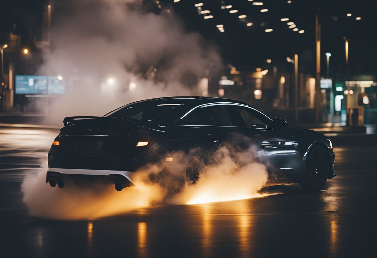 A car emits thick, dark smoke from its exhaust as it struggles to accelerate, while the dashboard warning light for the catalytic converter glows brightly