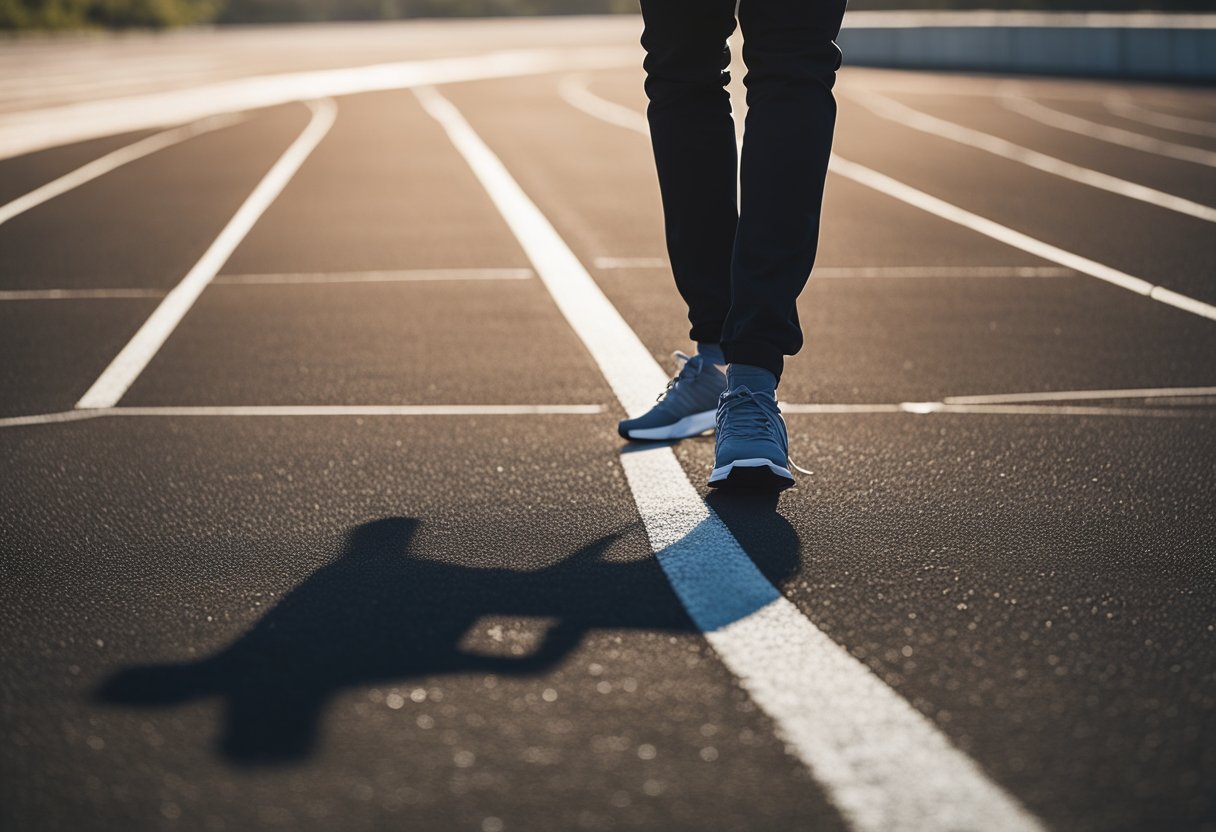 A lone figure stands at the edge of a track, visualizing their race. Surrounding them, sports psychology books and visualization tools lay scattered on the ground