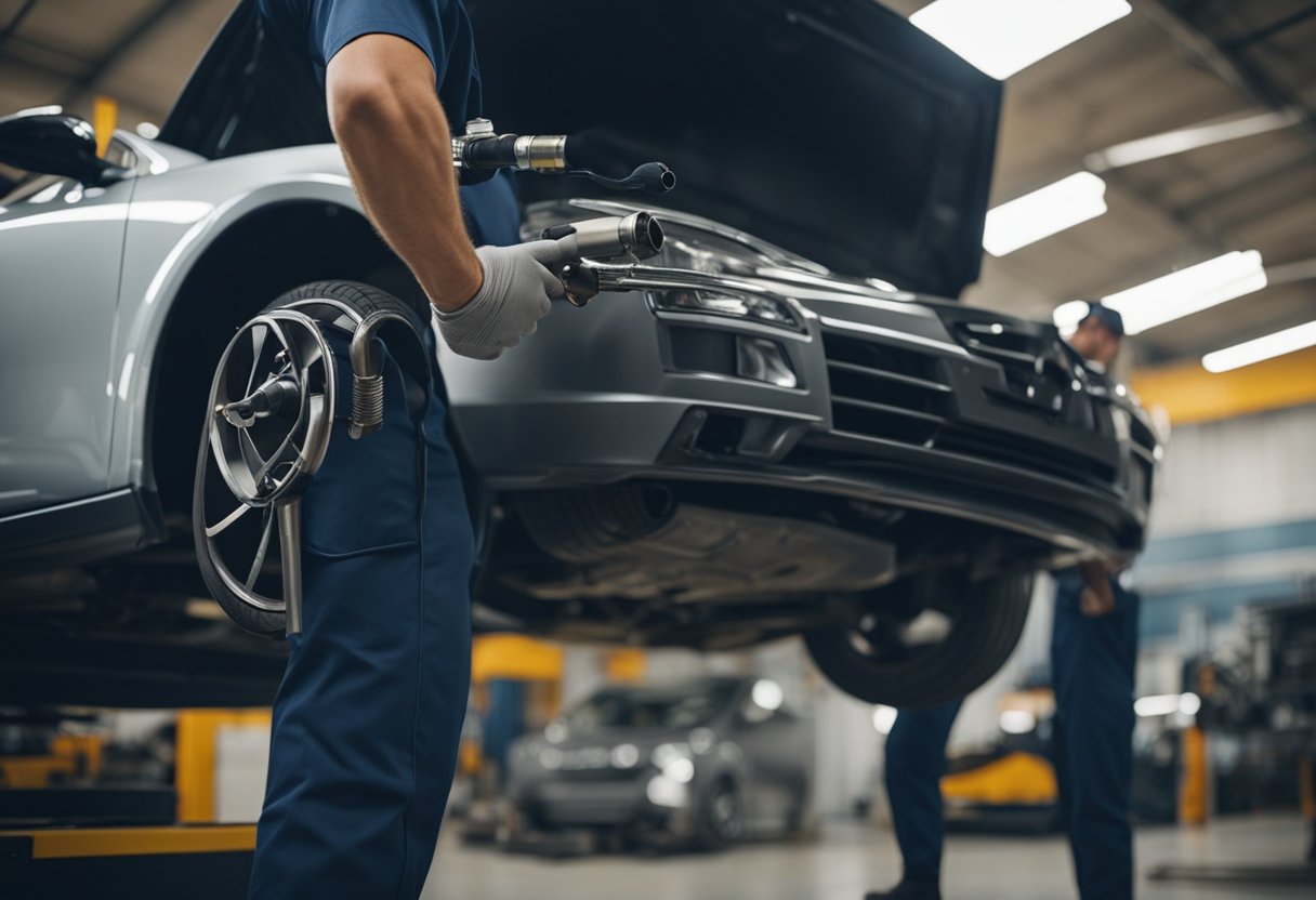 A mechanic inspects a car's exhaust system. Smoke emits from the catalytic converter. The mechanic holds a diagnostic tool