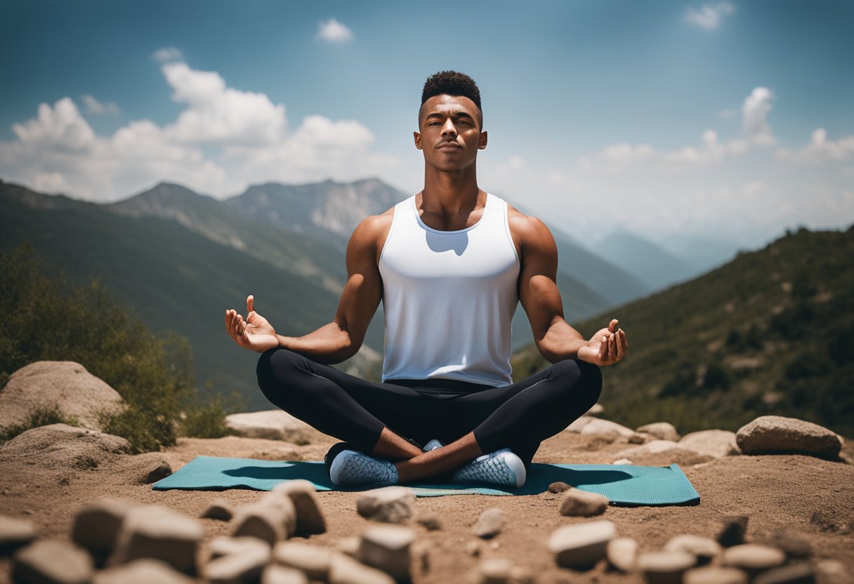 An athlete visualizes success while meditating in a serene natural setting, surrounded by symbols of strength and determination