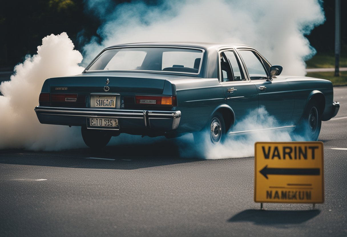 A car emitting smoke with a warning sign in the background