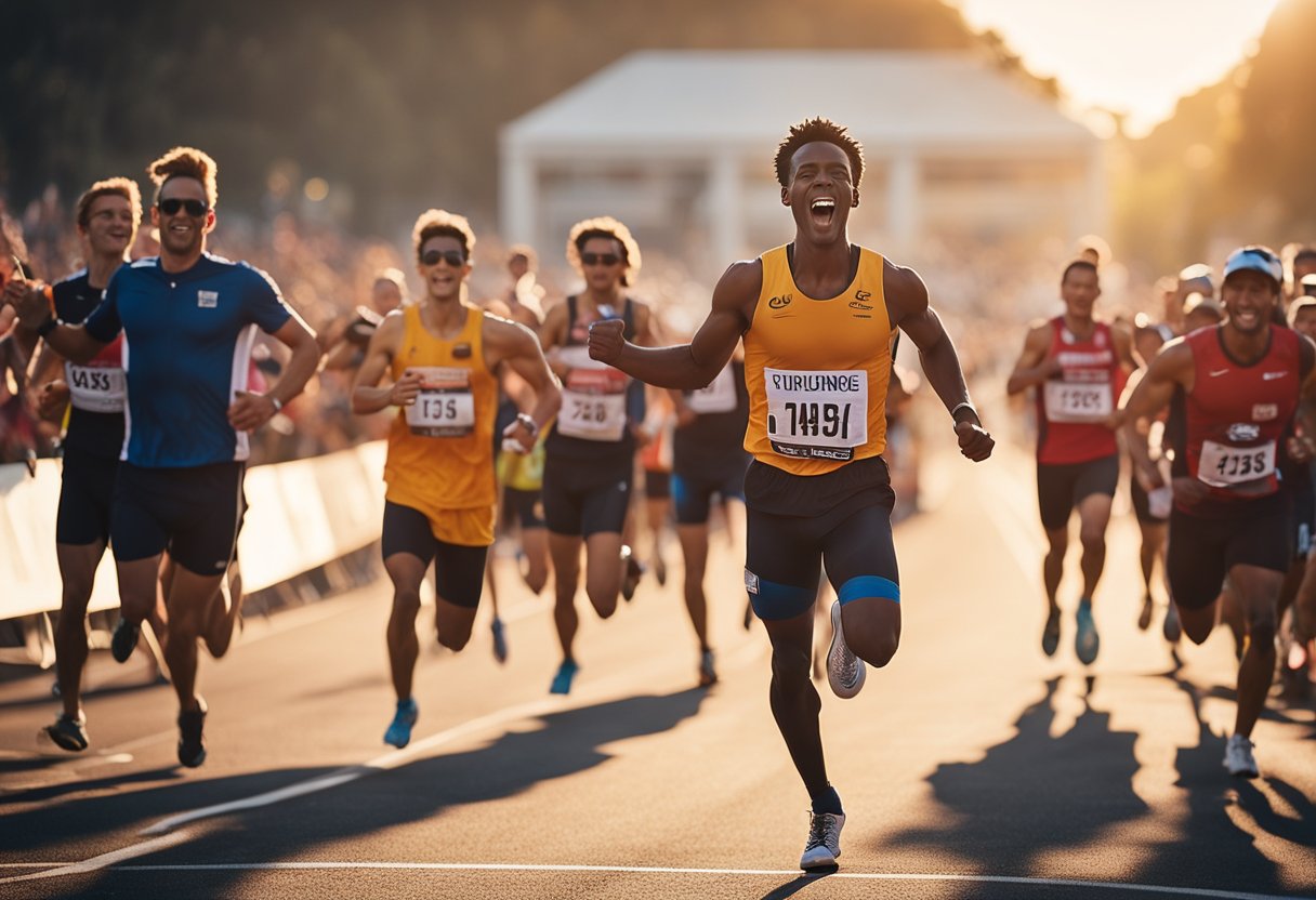 A triumphant athlete crosses the finish line, surrounded by cheering fans and a backdrop of a setting sun