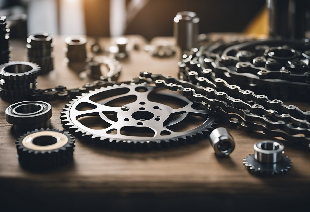 A motorcycle chain and sprockets are being replaced with tools and new parts laid out on a clean workbench