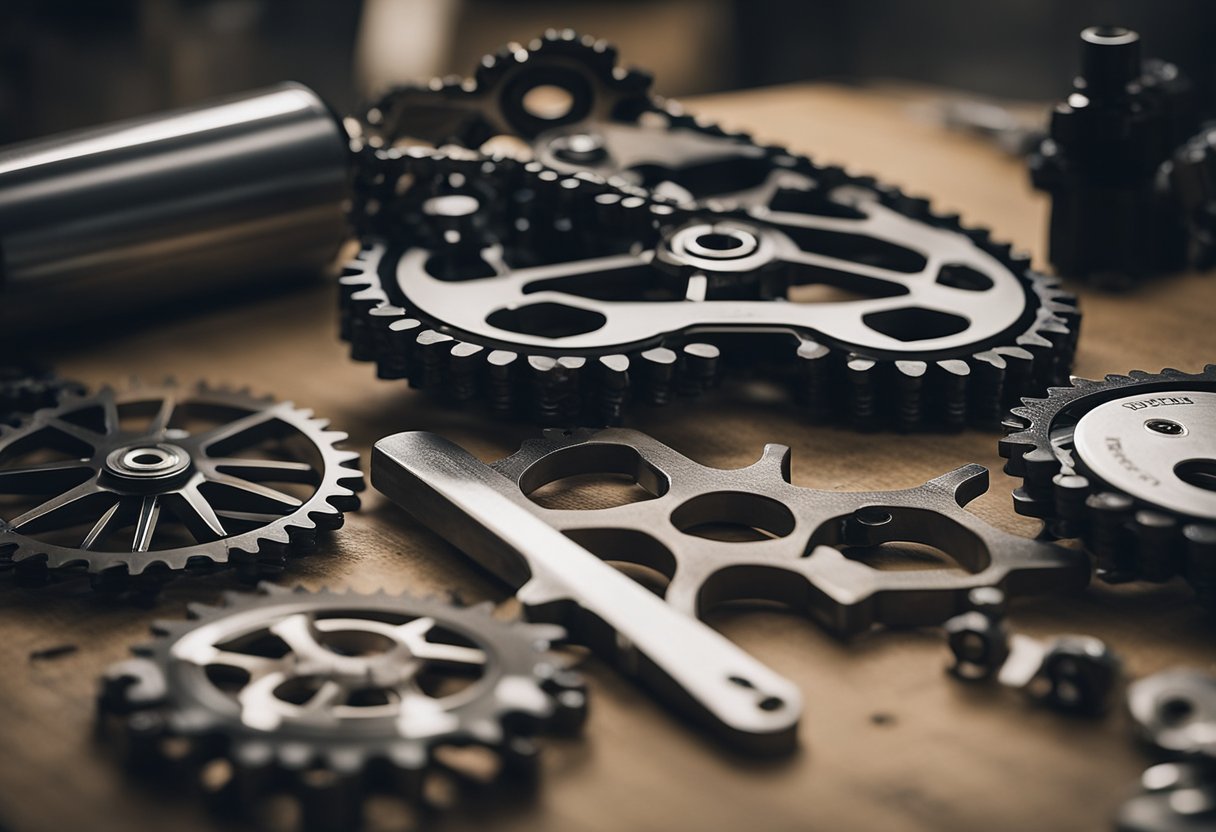 A motorcycle chain and sprockets are laid out on a clean workbench, with tools and a manual nearby. The old parts are removed, and the new ones are being carefully installed