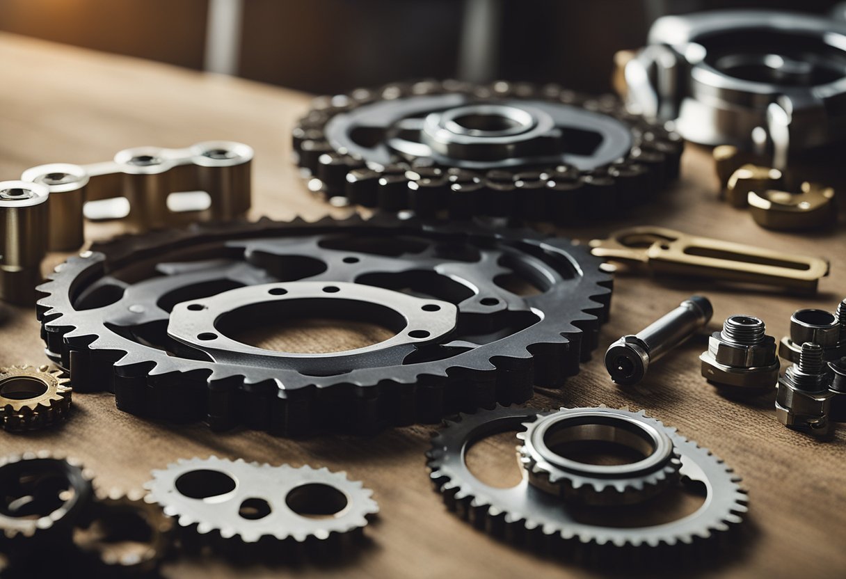 A motorcycle chain and sprockets laid out on a workbench, surrounded by tools such as a chain breaker, socket wrench, and lubricant