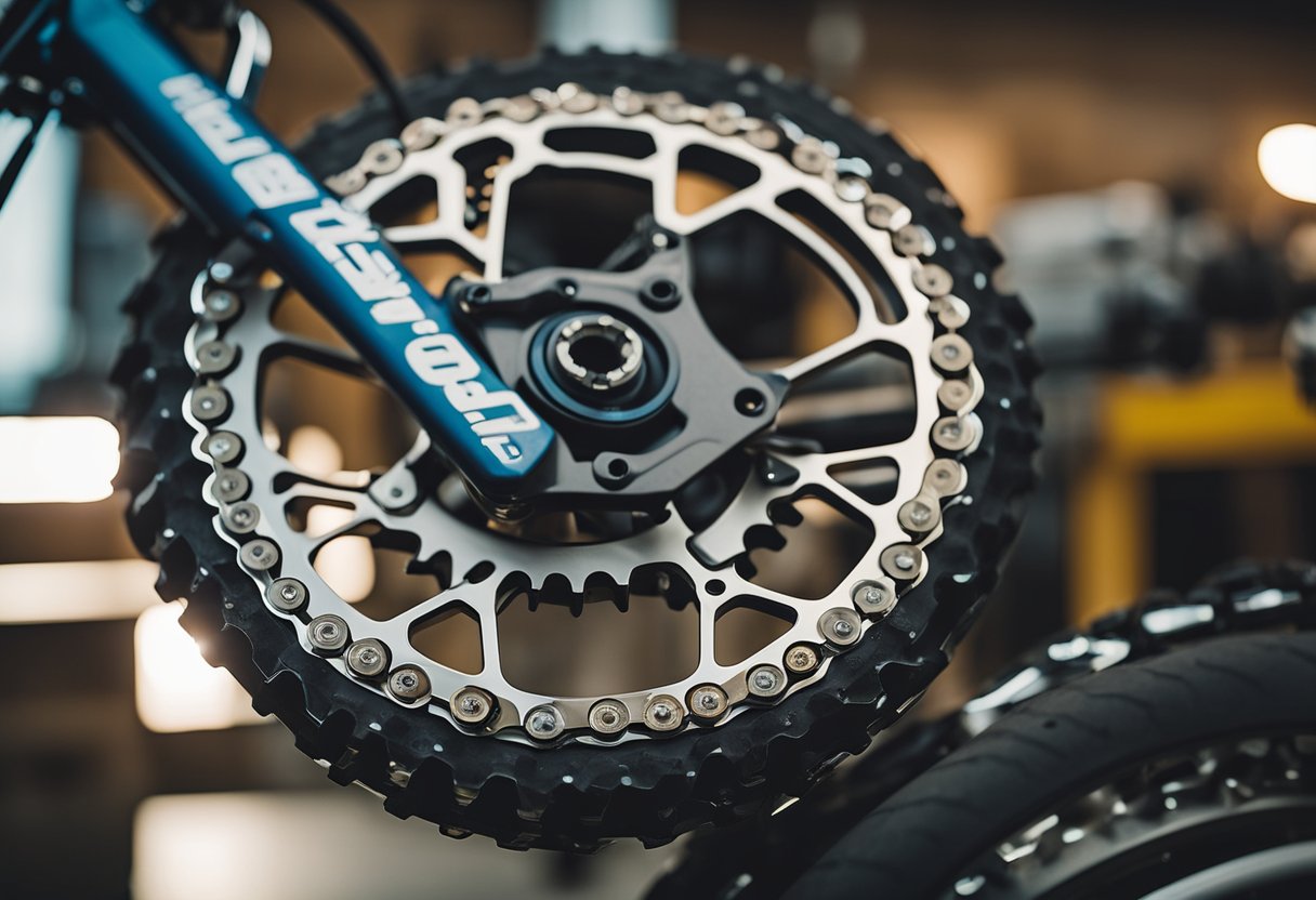 A motorcycle with a lifted rear wheel, a new chain, and sprockets laid out on a workbench with tools nearby