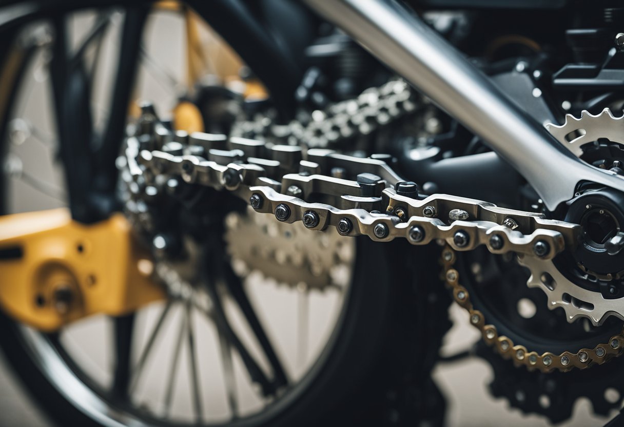 A motorcycle's old chain and sprockets are being removed for replacement