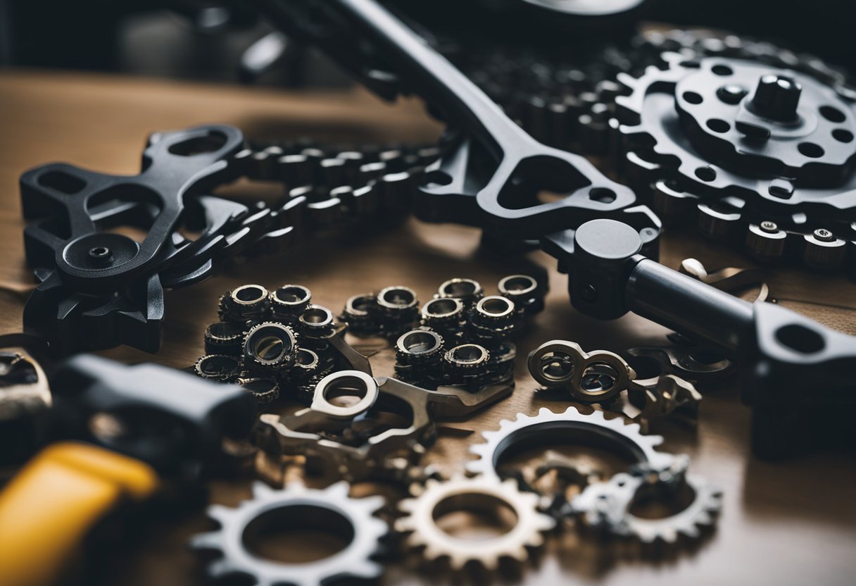 A motorcycle chain and sprockets being replaced with tools and parts scattered around the work area