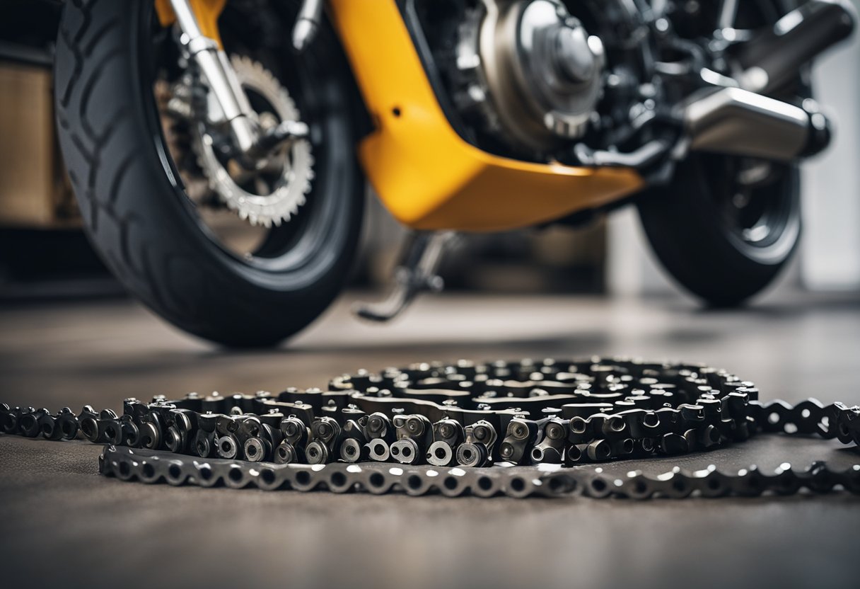 A motorcycle chain being removed and replaced with new sprockets in a well-lit garage setting, with tools and parts laid out nearby