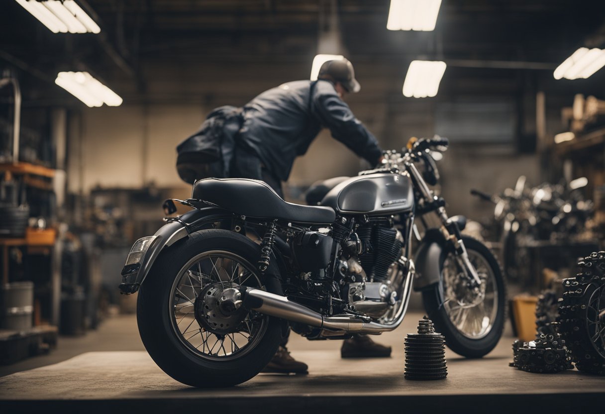 A motorcycle is on a stand with tools and new chain and sprockets nearby. A mechanic inspects the old parts and prepares to replace them