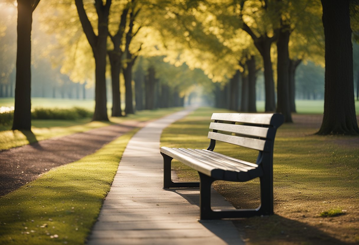 A serene park with a clear path, surrounded by trees and a gentle breeze. A beginner's running program guidebook lying on a bench