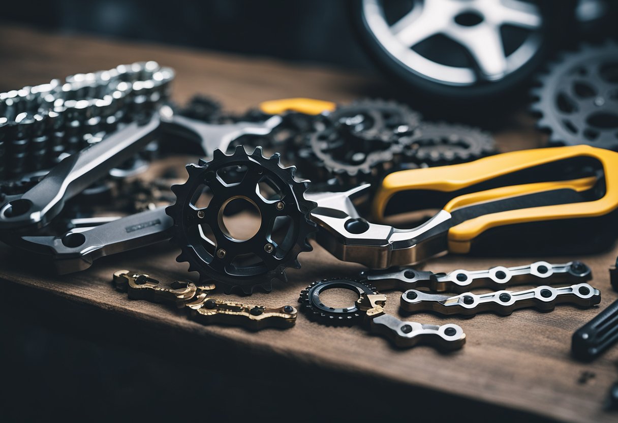 A motorcycle chain and sprockets being replaced with tools scattered around the work area