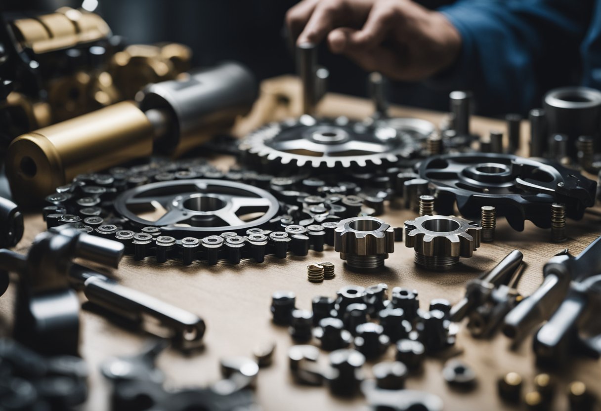 A motorcycle chain and sprockets being replaced with tools and parts scattered around a workbench