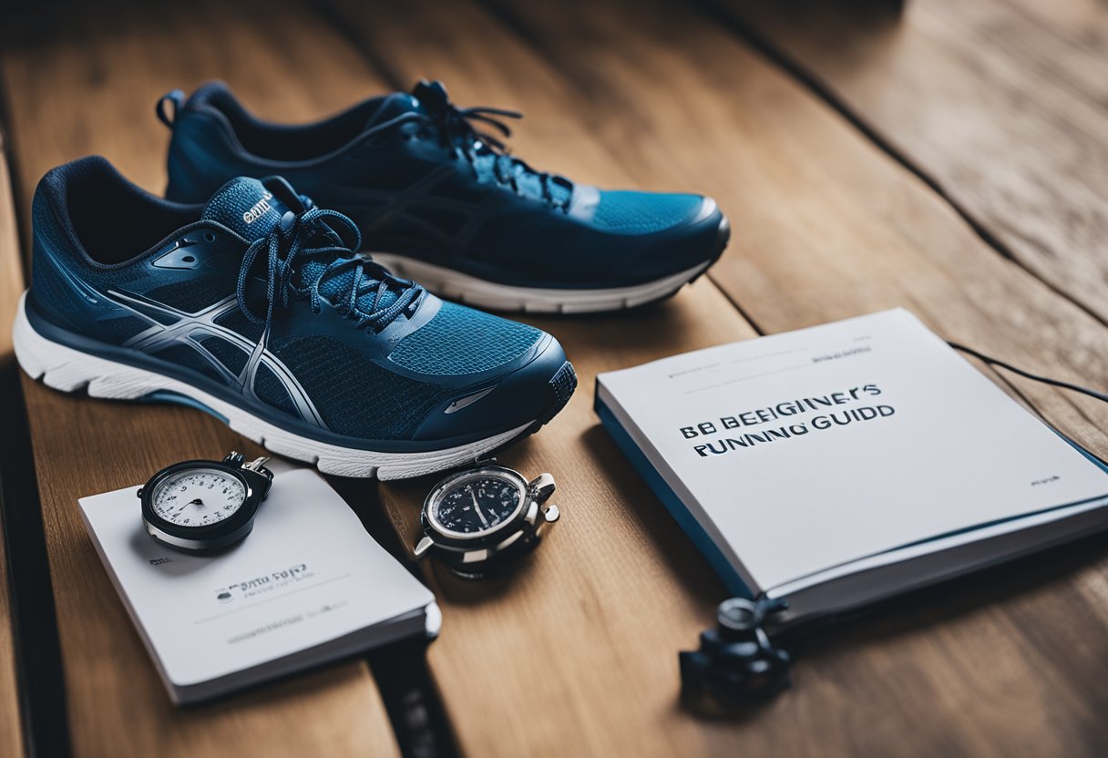 A pair of running shoes placed neatly by a door, a stopwatch, and a beginner's running guide book laid out on a table