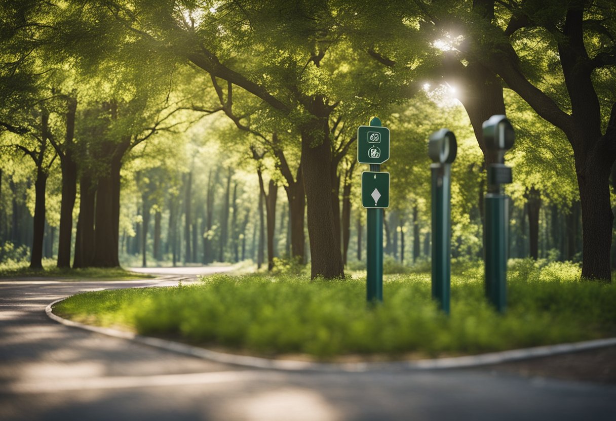 A serene park with a winding path, surrounded by trees and greenery. A signpost indicates the start of a running program, with clear instructions for beginners