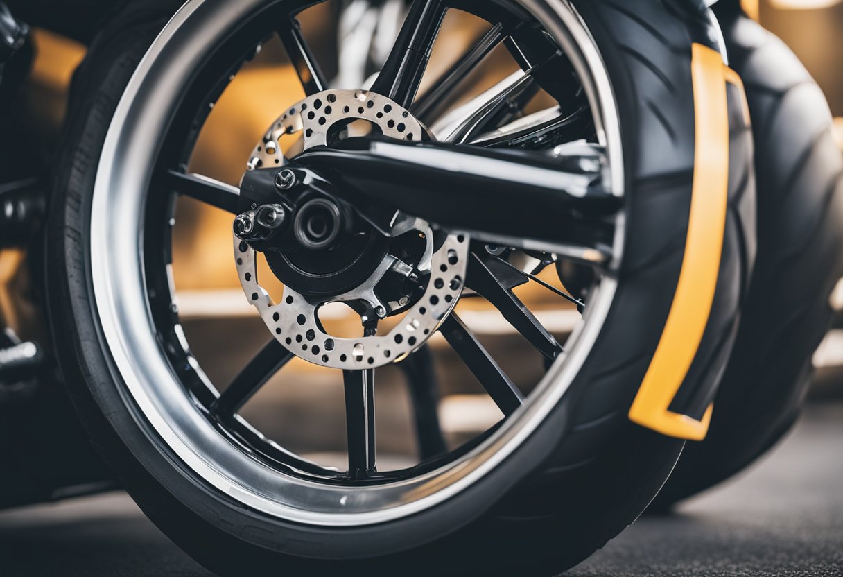 A motorcycle tire being heated and stretched to break in the rubber