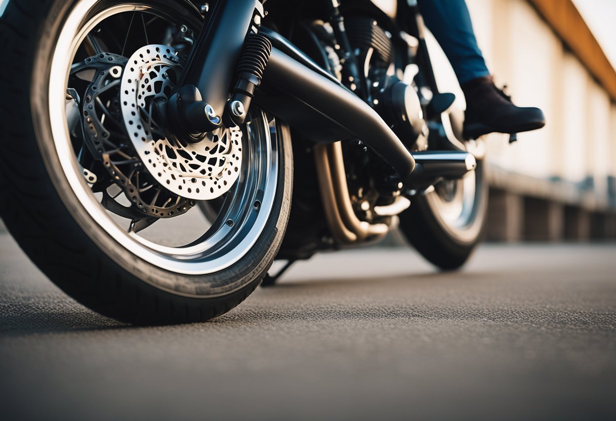 A motorcycle parked with new tires on a flat surface. A rider is slowly and carefully riding the motorcycle in a straight line to break in the tires