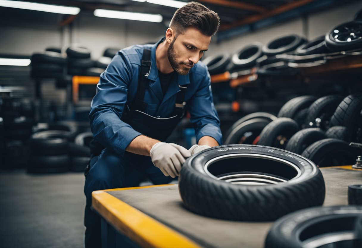 A mechanic inspects and prepares new motorcycle tires for breaking in